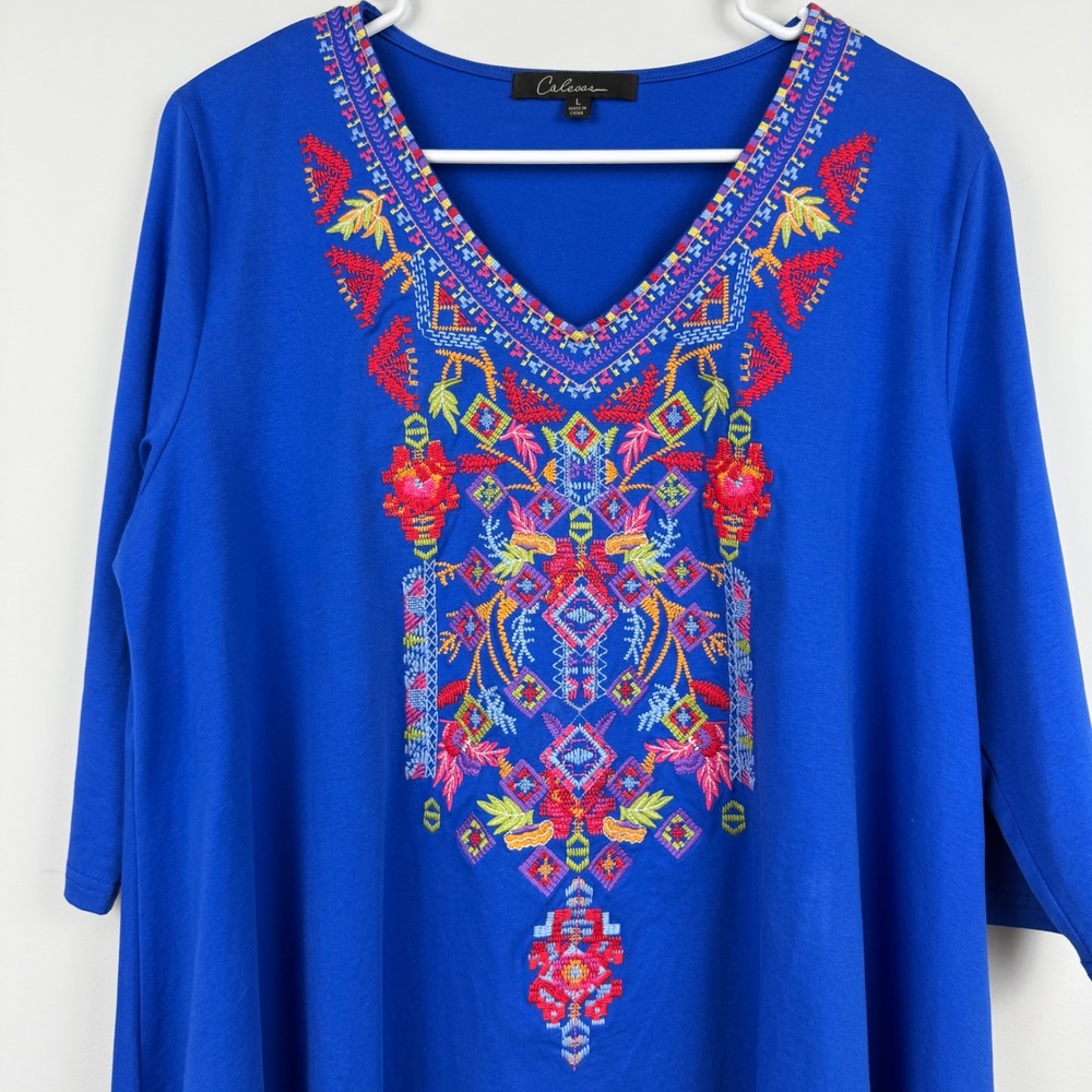 Calessa Embroidered Tunic Top Womens Large Blue Boho Peasant 3/4 Sleeve V-Neck - Picture 4 of 12